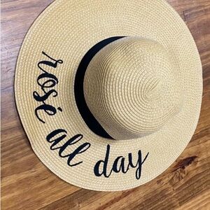 Straw Floppy Hat with Black Text - Rosé all day
